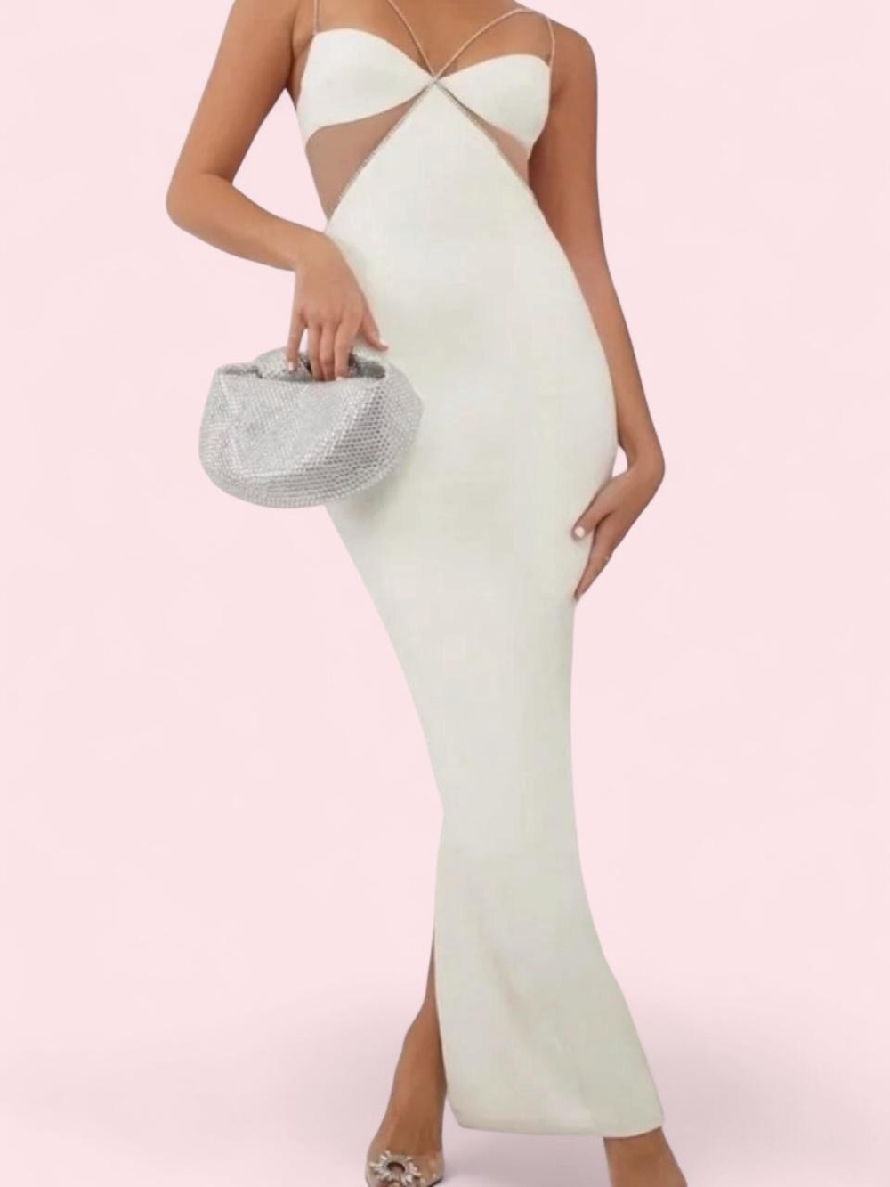 White Maxi Dress with Crystal-Trim Cutouts